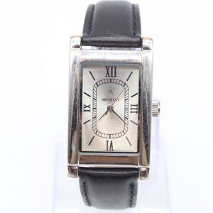 Vintage Artistry Watch Mens Silver Tone Stainless Steel Black Leather Band